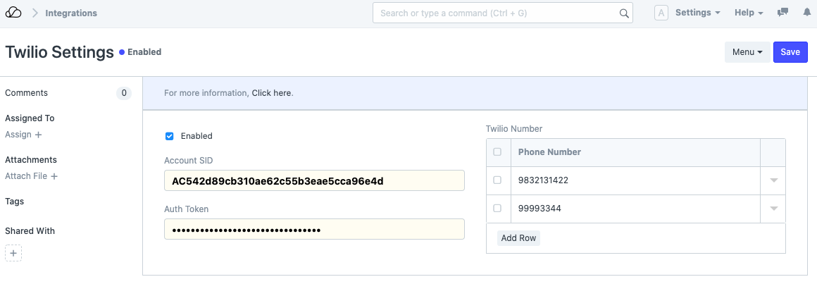 إعدادات Twilio