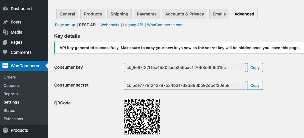 مفتاح واجهة برمجة تطبيقات Woocommerce